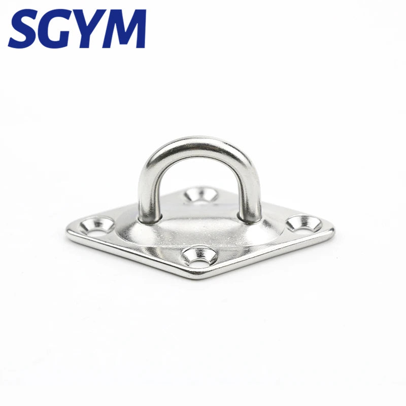 Stainless steel U-shaped hooks with mounting hardware for securing items.