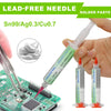 A syringe of lead-free solder paste is shown next to a green circuit board and a soldering iron tip.