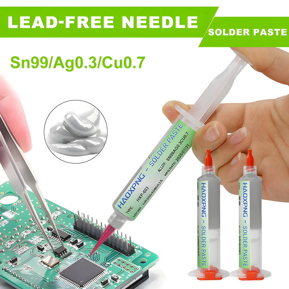 A syringe of lead-free solder paste is shown next to a green circuit board and a soldering iron tip.