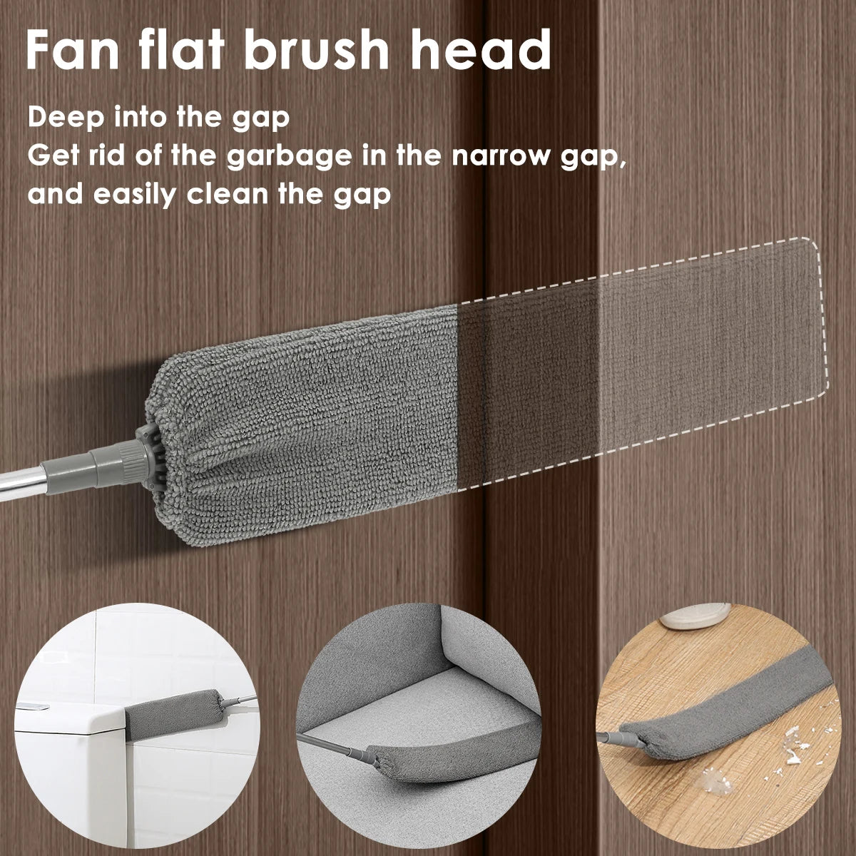 A gray fan flat brush head duster is shown with a flexible shaft and various cleaning applications.