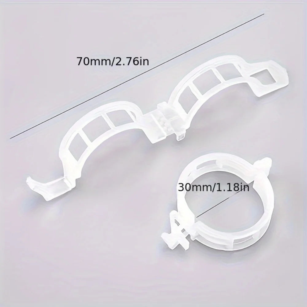 Clear plastic reusable plant clips for garden support and vine fixing, shown with dimensions 70mm/2.76in and 30mm/1.18in.