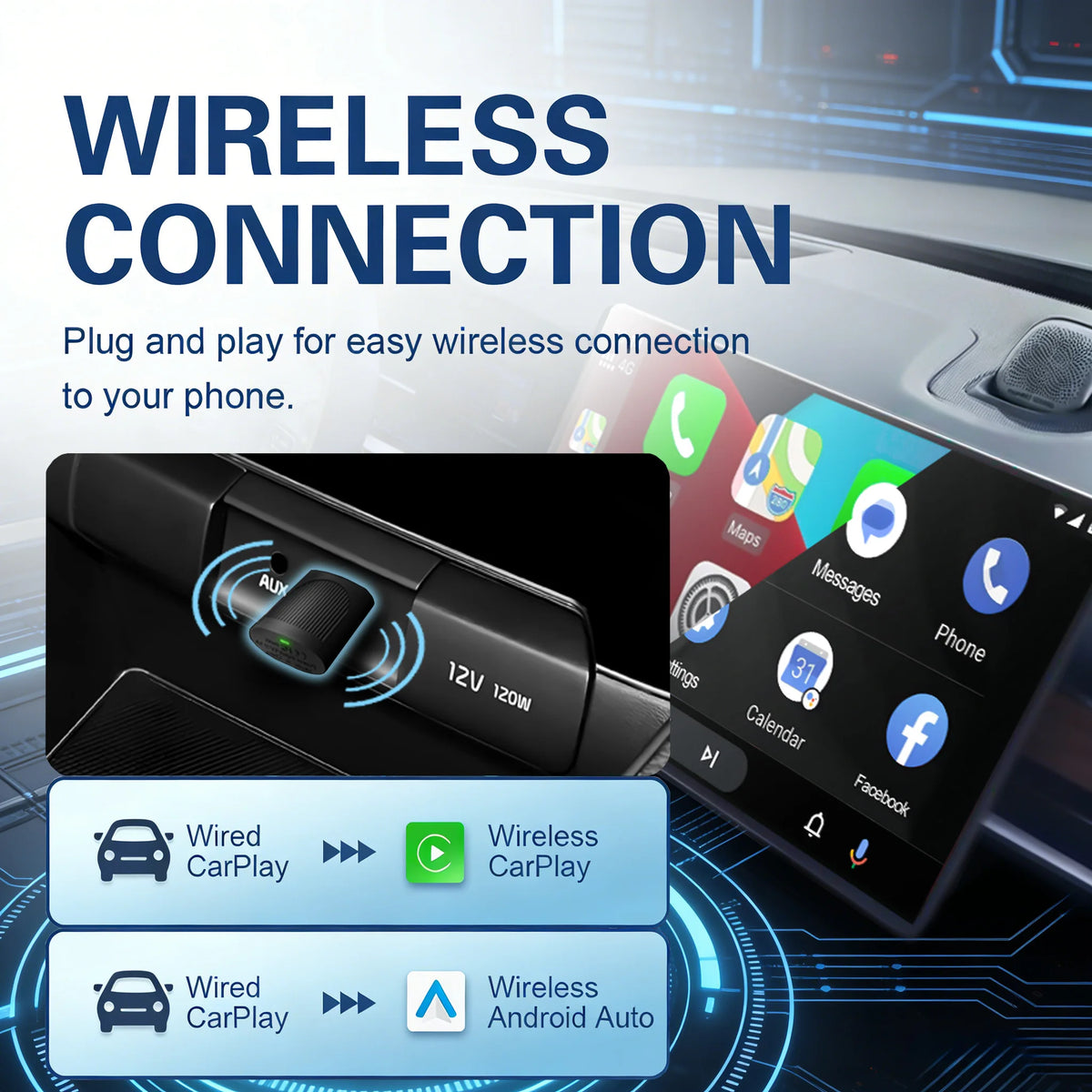 Adaptador negro para conexión inalámbrica a un teléfono, mostrando opciones de CarPlay por cable y Android Auto inalámbrico.