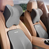 A memory foam car headrest and lumbar support cushion in gray is shown installed in a beige car seat.