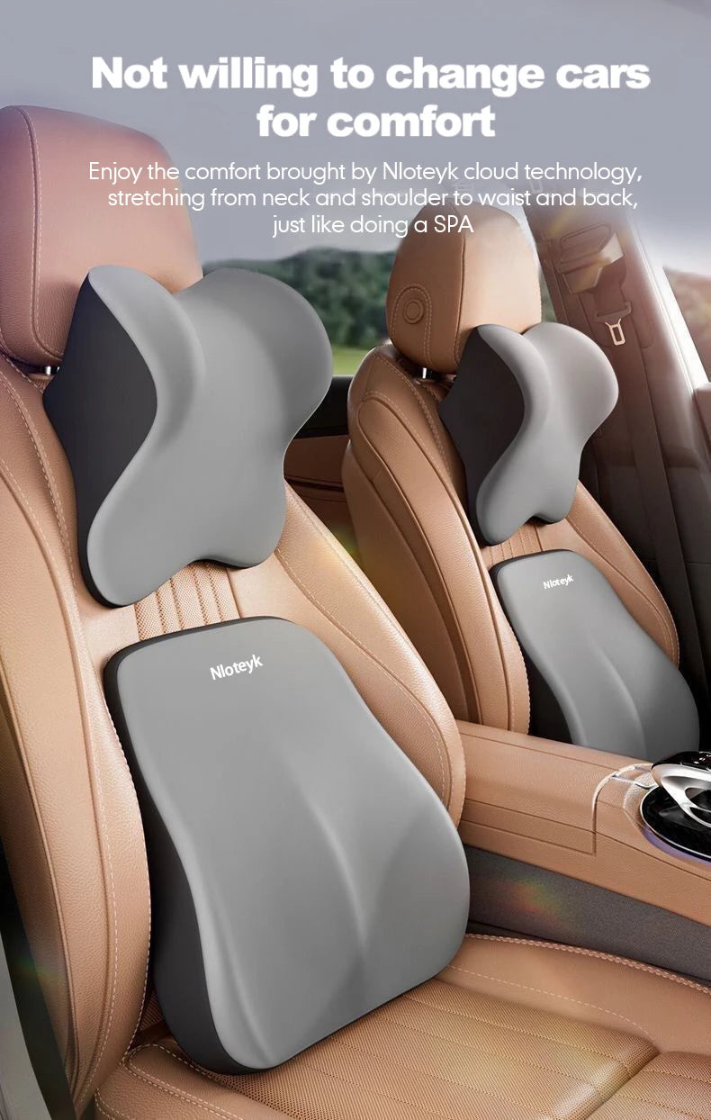 A memory foam car headrest and lumbar support cushion in gray is shown installed in a beige car seat.