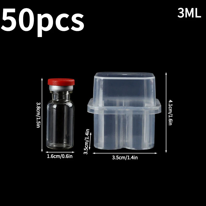 A clear plastic vial storage case with a red cap, shown next to its dimensions.