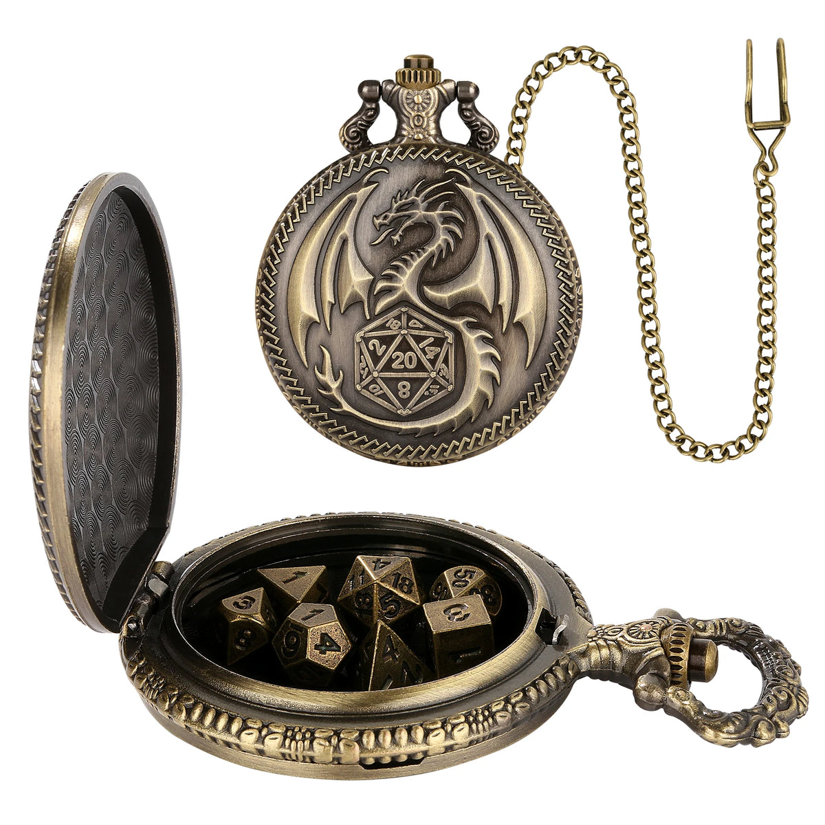 A brass dragon-themed pocket watch dice case with a hinged lid and a chain for carrying the 7 metal polyhedral dice.