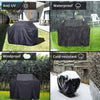 Black waterproof and windproof cover for an Oxford cloth BBQ grill, shown in various weather conditions.