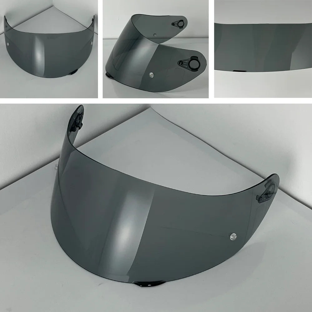 A replacement helmet visor with an anti-fog coating shown in various angles.