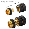 A set of black and brass 3/4-inch garden hose quick connectors shown in various angles.