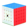 A cube puzzle with a blue top and red sides, featuring white and blue tiles.