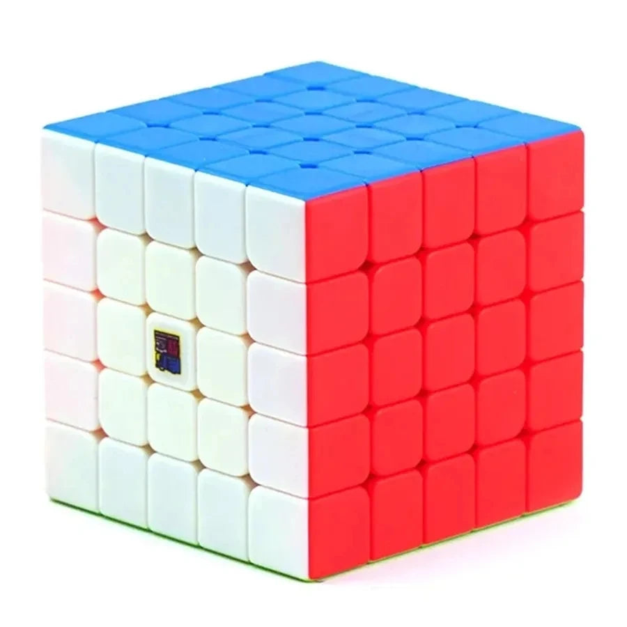 A cube puzzle with a blue top and red sides, featuring white and blue tiles.