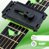 A black guitar fretboard cleaning kit featuring a black plastic tool and a green microfiber cloth.