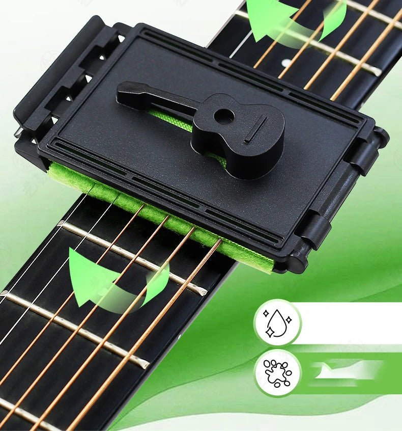 A black guitar fretboard cleaning kit featuring a black plastic tool and a green microfiber cloth.