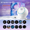 A white projector lamp and speaker setup displaying various celestial objects like the Milky Way, Saturn, and the Black Hole.