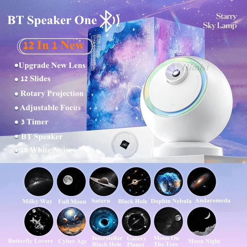 A white projector lamp and speaker setup displaying various celestial objects like the Milky Way, Saturn, and the Black Hole.