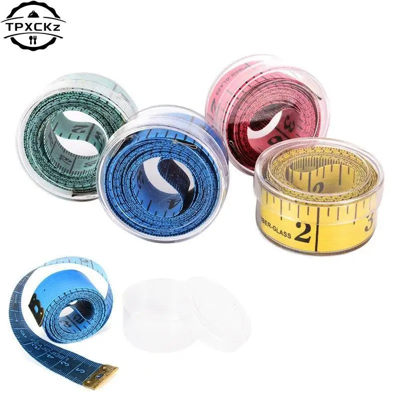 A collection of various soft flexible tape measures in different colors and sizes for sewing and body measurements.
