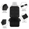 A black universal car seat protector featuring an adjustable headrest strap and a breathable storage bag.