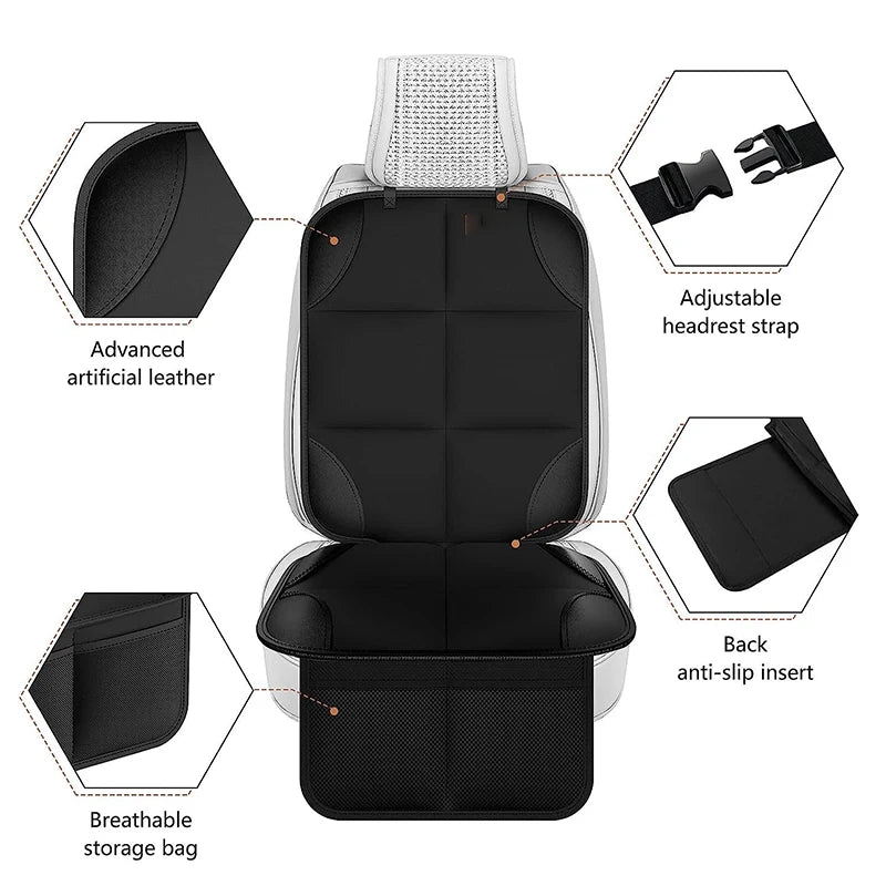 A black universal car seat protector featuring an adjustable headrest strap and a breathable storage bag.