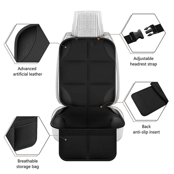A black universal car seat protector featuring an adjustable headrest strap and a breathable storage bag.