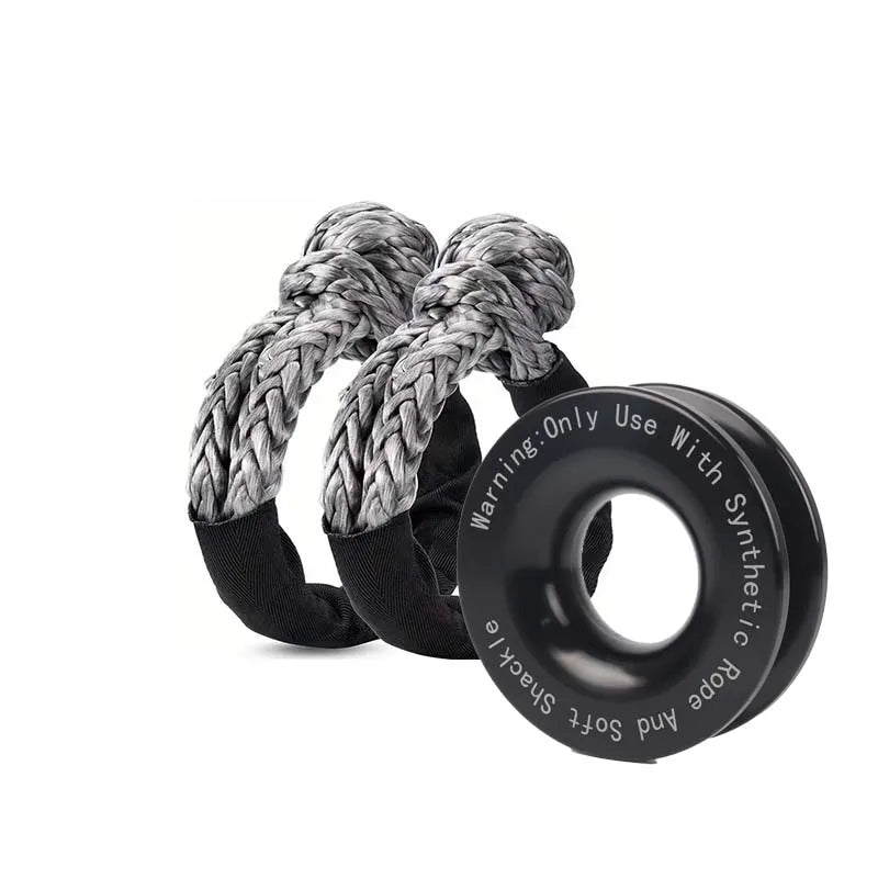 A braided gray synthetic rope shackle and recovery ring kit.