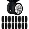 A set of four black silicone suitcase wheel protectors for caster covers.