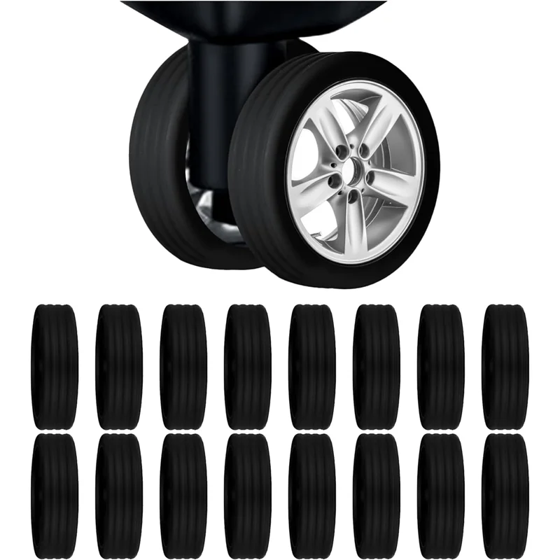 A set of four black silicone suitcase wheel protectors for caster covers.