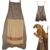 A gray chef apron with a beige pocket detail and a yellow chef hat.