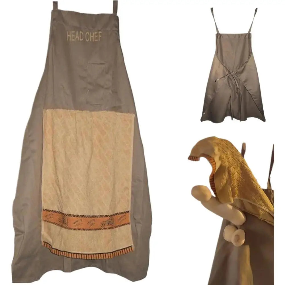 A gray chef apron with a beige pocket detail and a yellow chef hat.