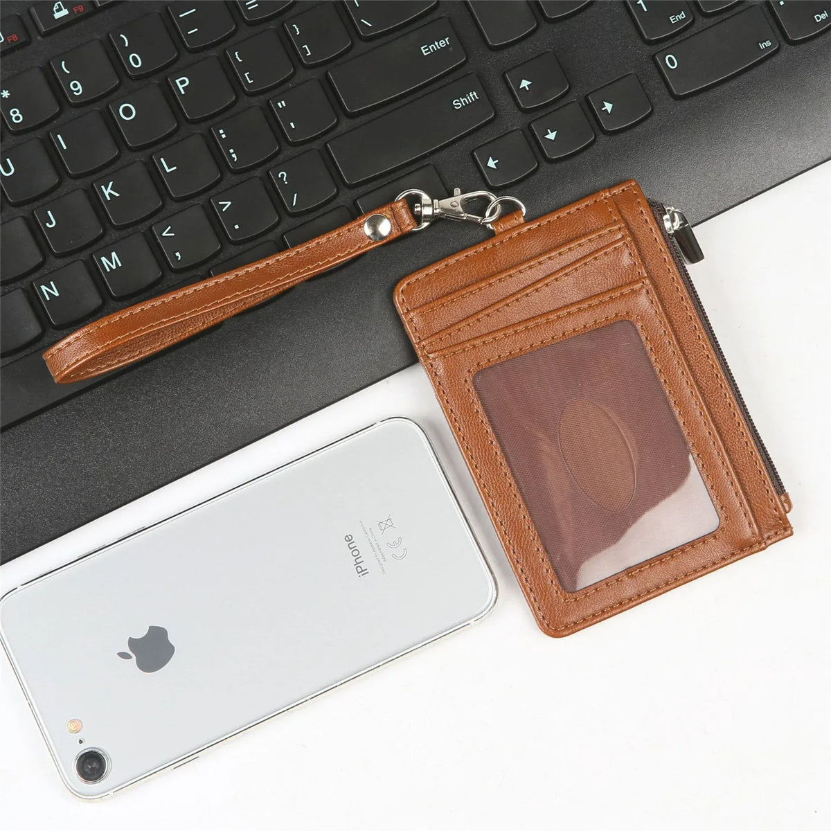 Premium PU Leather Badge Holder with Zipper and Lanyard