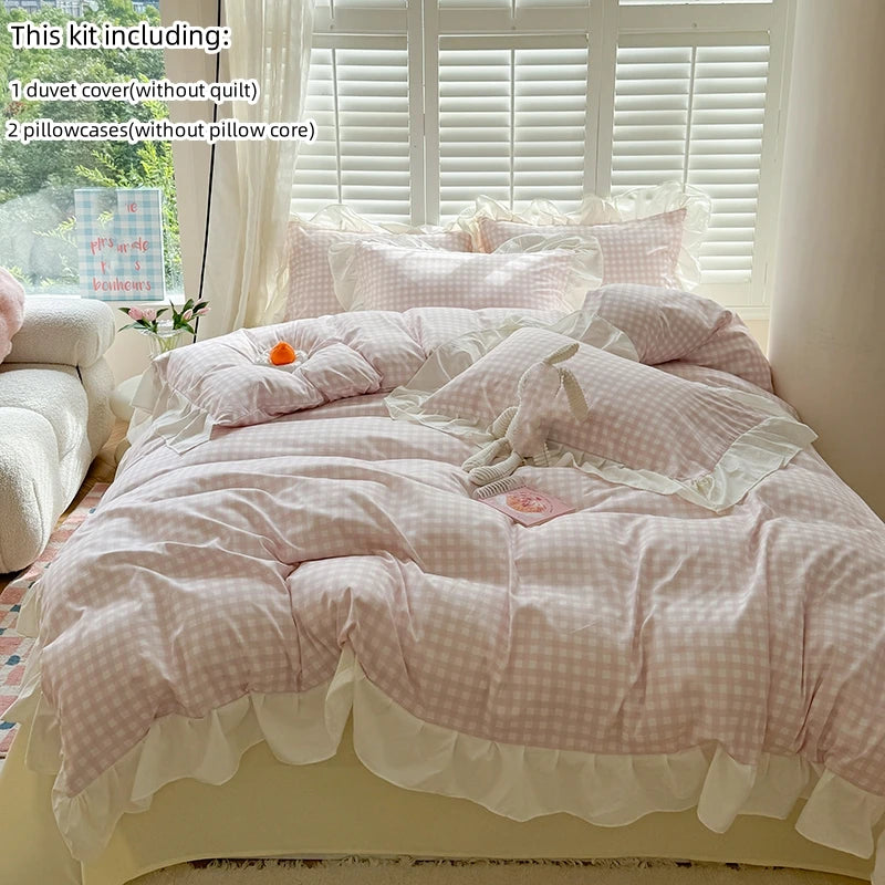 Pink Checkered Lace Duvet Cover Set (3 Pieces)