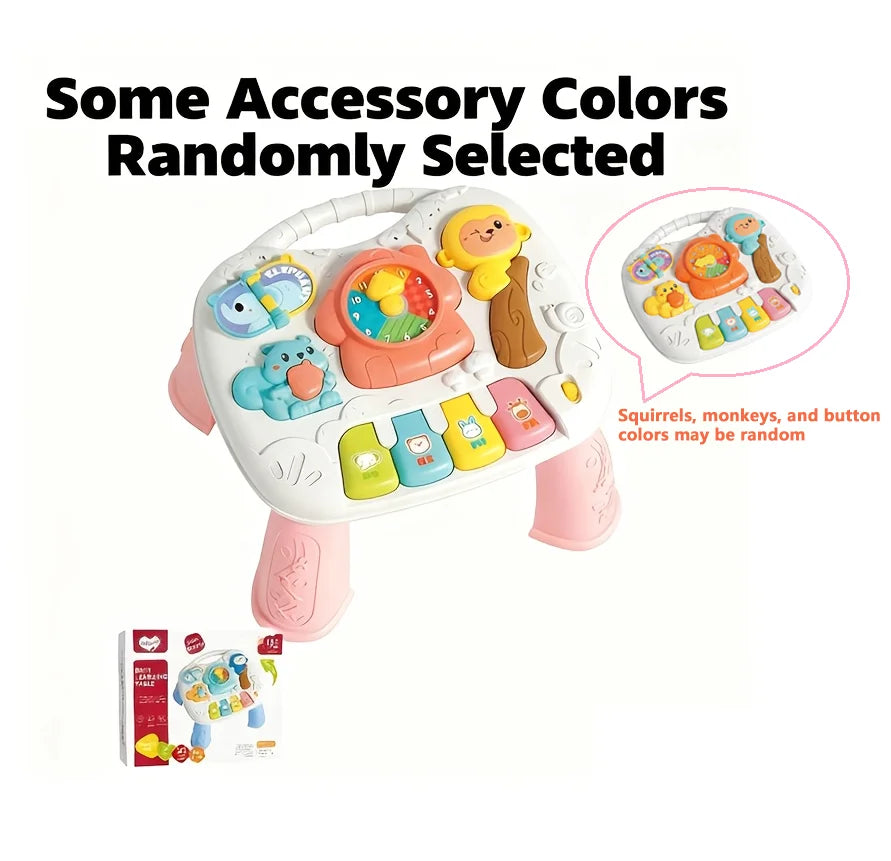A white interactive baby learning table with various colorful animal figures and button keys.