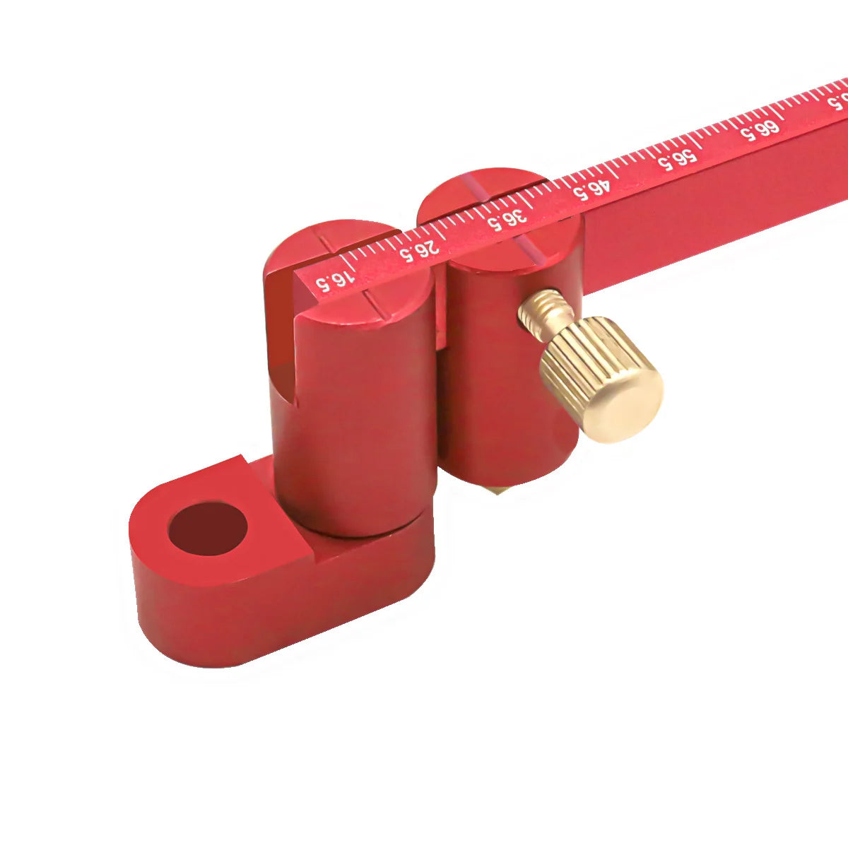 A red aluminum circle drawing ruler and center finder with a brass adjustment knob.