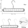 A silver folding hanger organizer with a hook and multiple holes for hanging clothes.