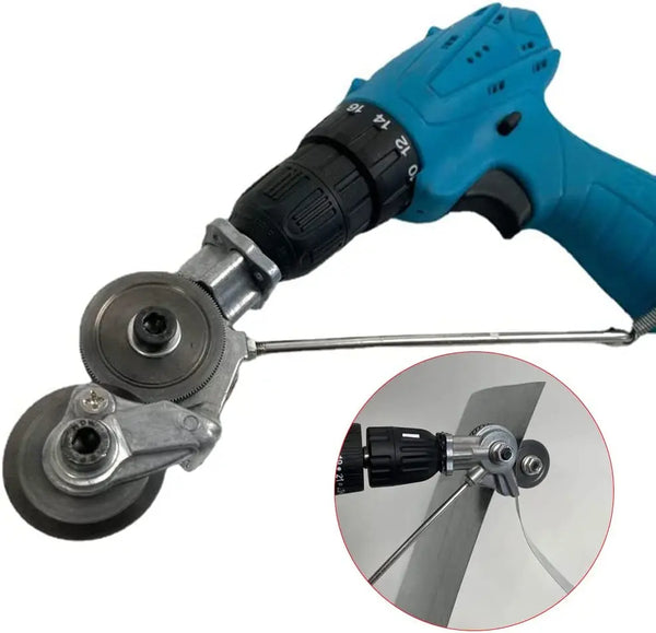 A blue drill-attached sheet metal nibbler cutter tool with a metal cutting wheel attached.