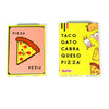 A yellow box for a Taco Gato Cabra Queso Pizza card game featuring illustrations of tacos and cheese.