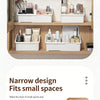A wooden shelf unit displaying a white expandable vanity cosmetic organizer with multiple adjustable compartments for makeup 