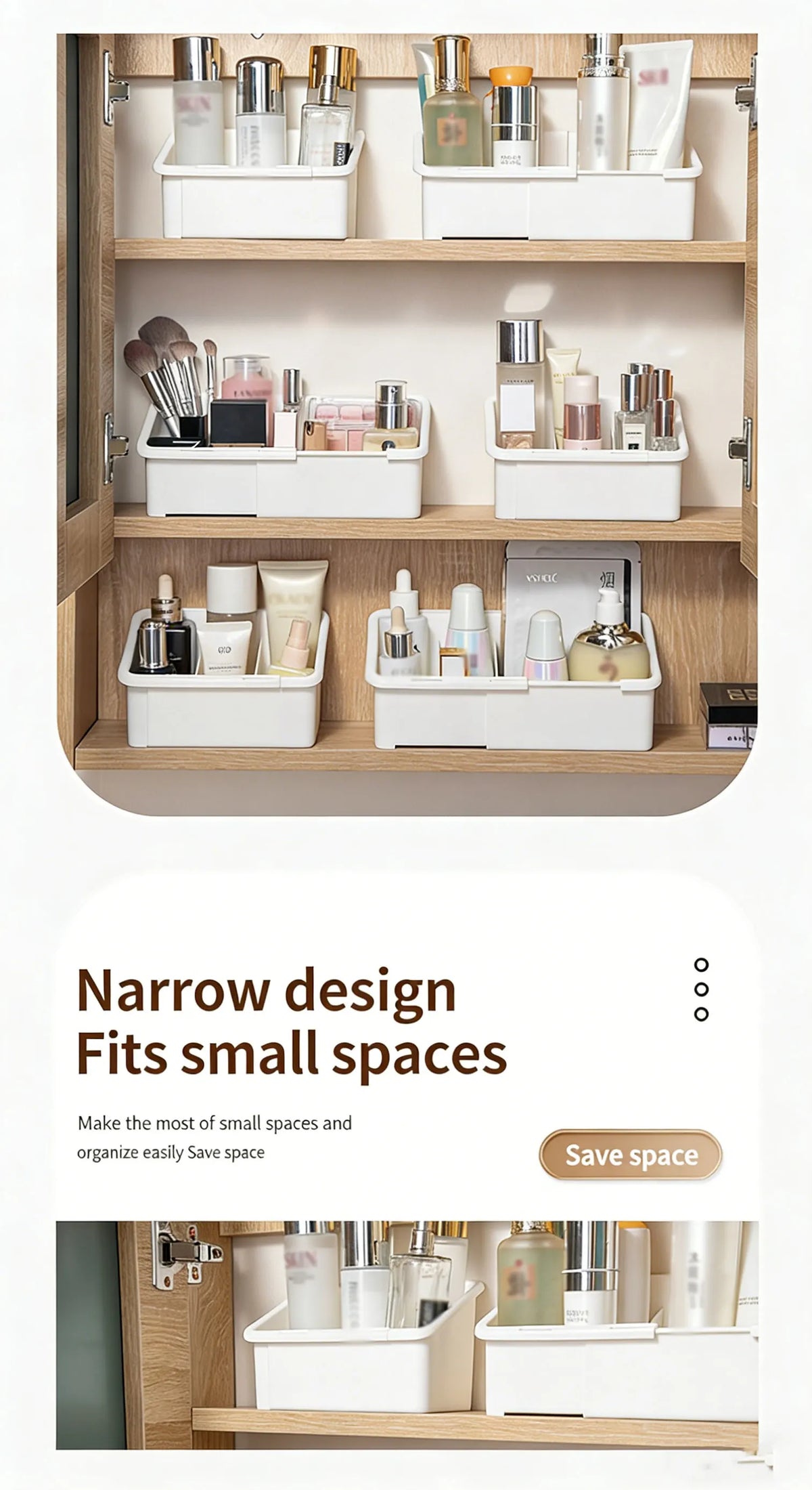 A wooden shelf unit displaying a white expandable vanity cosmetic organizer with multiple adjustable compartments for makeup 