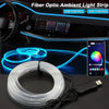 Fiber optic ambient light strip and USB/app controlled LED lights installed in a car interior dashboard