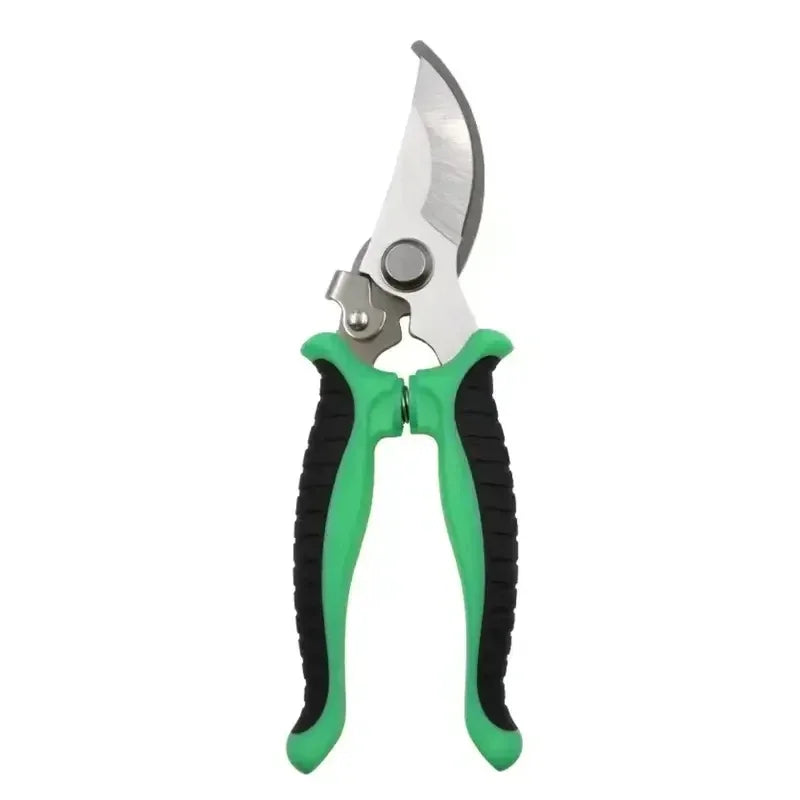 Stainless steel bypass pruning shears with a green and black ergonomic grip.