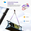 Industrial grade lifting slings with hooks shown against a cloudy sky, used for heavy duty work environments.