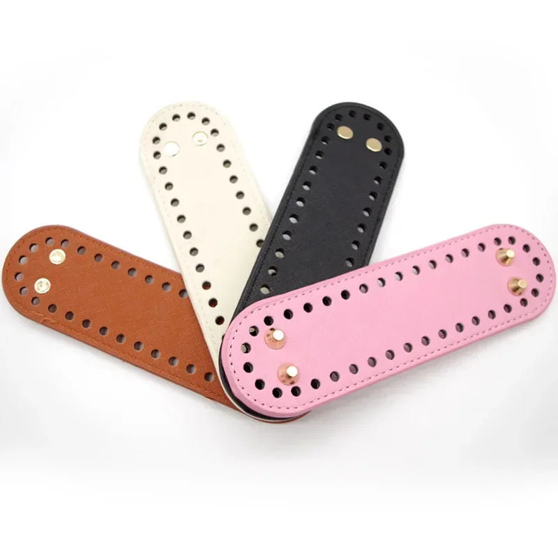 Three oval PU leather bags in brown, cream, and pink with studs for DIY crafting