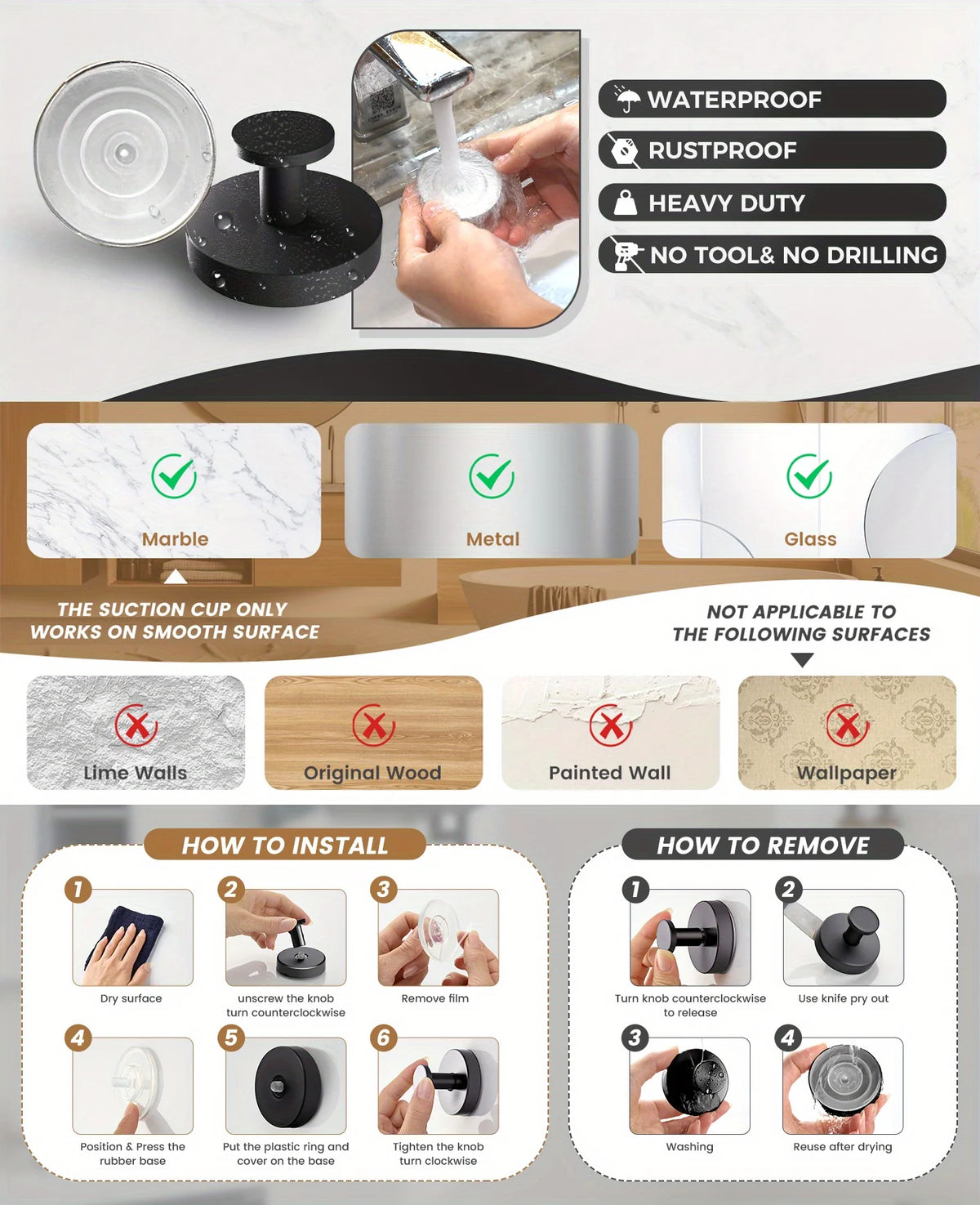 Suction Cup Hooks for Bathroom, Kitchen, and Glass Surfaces