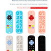 A set of silicone baby molar rods in various colors and shapes, including a remote control design.