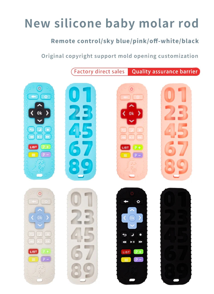 A set of silicone baby molar rods in various colors and shapes, including a remote control design.