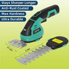 A green and black Garvee cordless grass shear and shrub trimmer with metal blades shown next to a blade assembly.