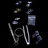A collection of complete glasses repair kit components including nose pads, screws, and precision tools displayed against a b