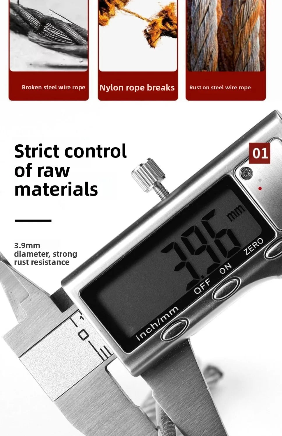 Primer plano de una cuerda de ropa de acero inoxidable resistente con pantalla digital que muestra 3.96 mm.