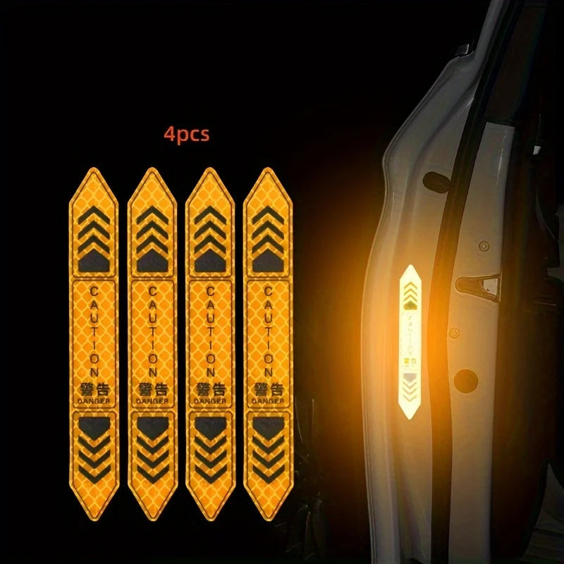 Four reflective warning stickers for car doors, featuring chevron patterns.