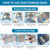 Instructions for using vacuum storage bags and travel roll-up bags for compressing items.