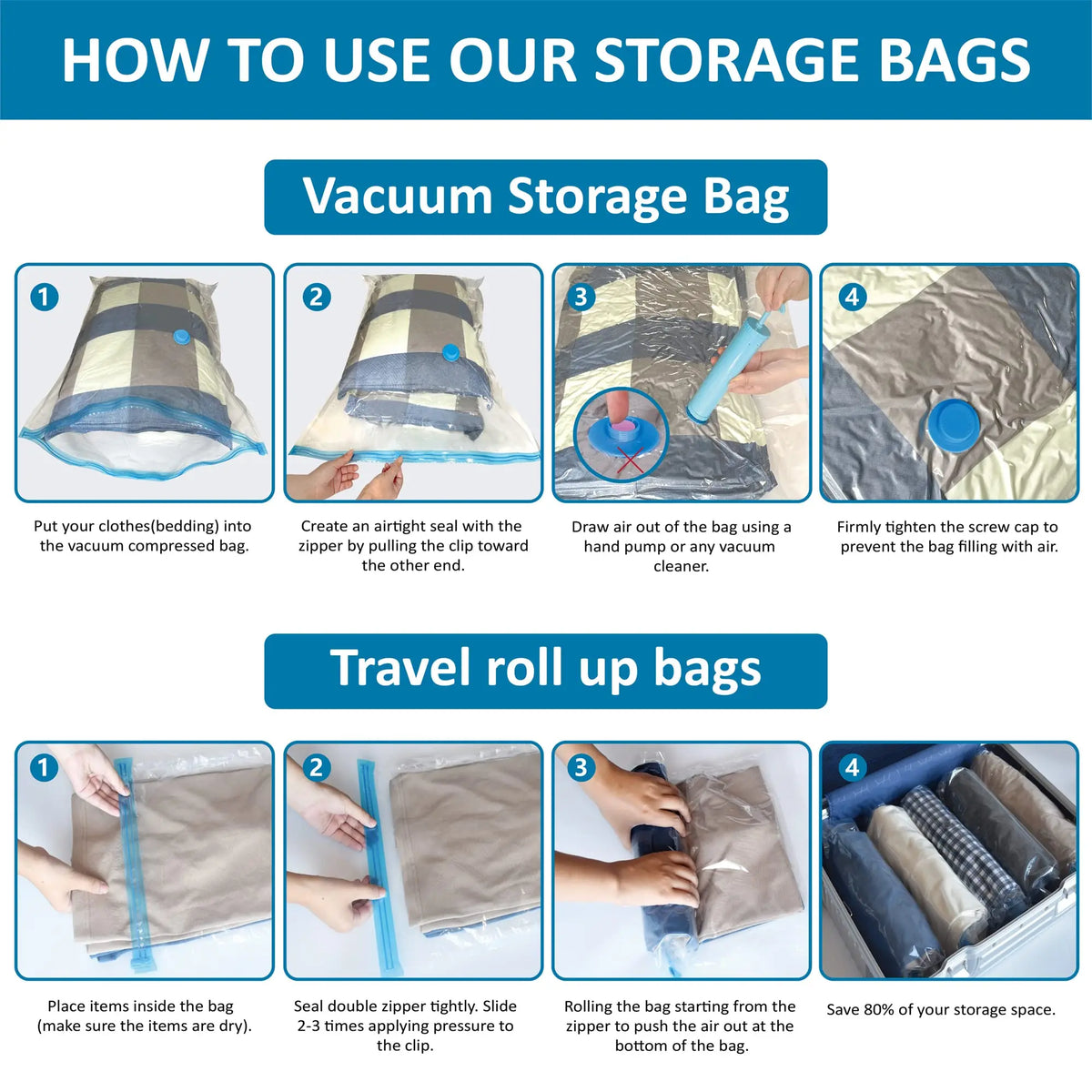 Instructions for using vacuum storage bags and travel roll-up bags for compressing items.